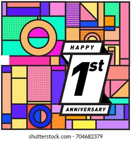 One years greeting card anniversary with colorful number and frame. logo and icon with Memphis style cover and design template