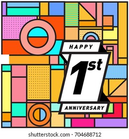 One years greeting card anniversary with colorful number and frame. logo and icon with Memphis style cover and design template