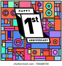 One years greeting card anniversary with colorful number and frame. logo and icon with Memphis style cover and design template