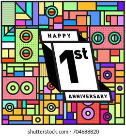 One years greeting card anniversary with colorful number and frame. logo and icon with Memphis style cover and design template