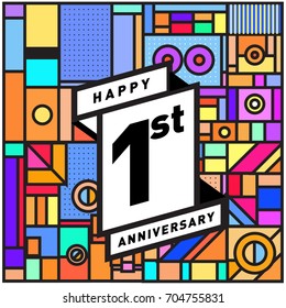 One years greeting card anniversary with colorful number and frame. logo and icon with Memphis style cover and design template