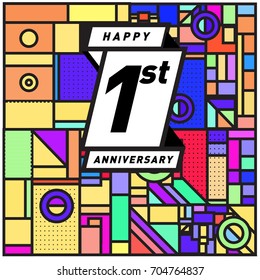 One years greeting card anniversary with colorful number and frame. logo and icon with Memphis style cover and design template