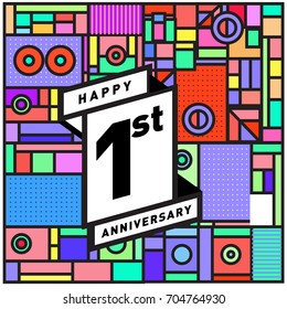 One years greeting card anniversary with colorful number and frame. logo and icon with Memphis style cover and design template