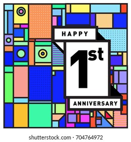 One years greeting card anniversary with colorful number and frame. logo and icon with Memphis style cover and design template
