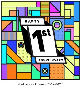 One years greeting card anniversary with colorful number and frame. logo and icon with Memphis style cover and design template