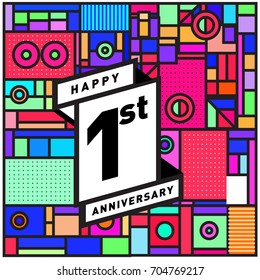 One years greeting card anniversary with colorful number and frame. logo and icon with Memphis style cover and design template