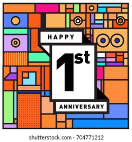 One years greeting card anniversary with colorful number and frame. logo and icon with Memphis style cover and design template