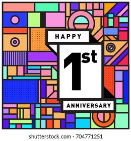 One years greeting card anniversary with colorful number and frame. logo and icon with Memphis style cover and design template