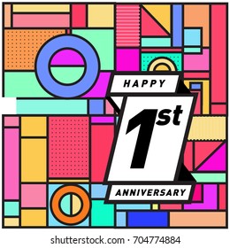 One years greeting card anniversary with colorful number and frame. logo and icon with Memphis style cover and design template
