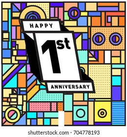 One years greeting card anniversary with colorful number and frame. logo and icon with Memphis style cover and design template