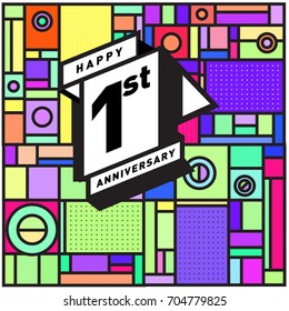 One years greeting card anniversary with colorful number and frame. logo and icon with Memphis style cover and design template