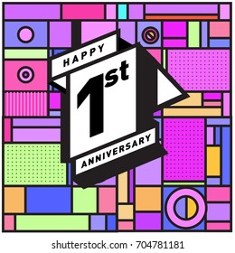 One years greeting card anniversary with colorful number and frame. logo and icon with Memphis style cover and design template