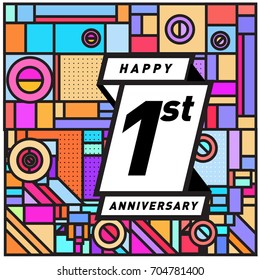 One years greeting card anniversary with colorful number and frame. logo and icon with Memphis style cover and design template
