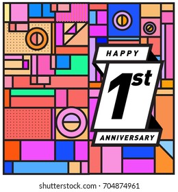 One years greeting card anniversary with colorful number and frame. logo and icon with Memphis style cover and design template