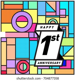 One years greeting card anniversary with colorful number and frame. logo and icon with Memphis style cover and design template