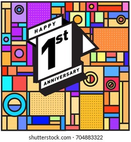 One years greeting card anniversary with colorful number and frame. logo and icon with Memphis style cover and design template