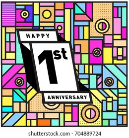 One years greeting card anniversary with colorful number and frame. logo and icon with Memphis style cover and design template