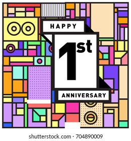One years greeting card anniversary with colorful number and frame. logo and icon with Memphis style cover and design template