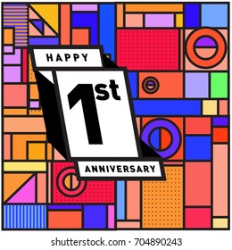 One years greeting card anniversary with colorful number and frame. logo and icon with Memphis style cover and design template