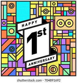 One years greeting card anniversary with colorful number and frame. logo and icon with Memphis style cover and design template