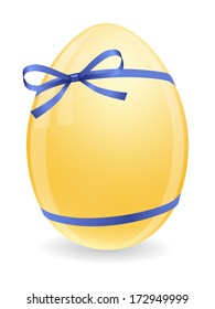 One yellow easter egg with blue bow and ribbons isolated on white background. Vector illustration