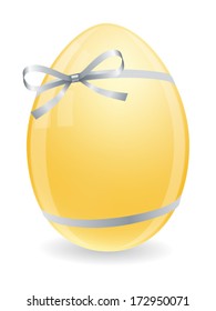 One yellow easter egg with silver bow and ribbons isolated on white background. Vector illustration
