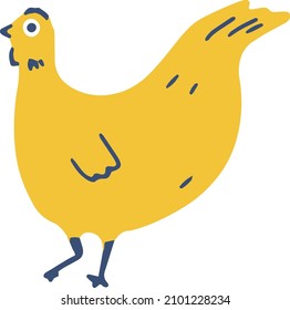 One yellow hen. Domestic poultry. Local eco friendly food. Hand drawn flat textured vector illustration isolated on white background. Happy Easter. Lovely Card with Cute Chicken, Sun and Clouds. Funny