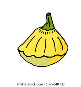 Una calabaza amarilla al estilo doodle aislada en fondo blanco. Ilustración vectorial, dibujo a mano. Verduras para una dieta saludable.