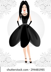 One, young, beautiful, isolated, standing, woman with straight, black hair, in elegant dress, white background with flowers