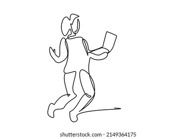 one young beautiful woman jumping rejoicing with laptop in hand