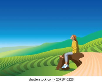 One Young beautiful Woman relaxes sitting on a wooden bench on a hilly landscape full of greenery and trees, vector illustration motivational concept