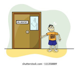 One young boy reluctant of entering the dentist room for his examination.