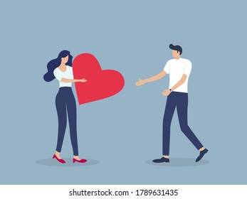 One young character sending a big red heart to another. Relationships. Love. Romance. Emotions. Saint Valentines Day. Flat editable vector illustration, vector illustration