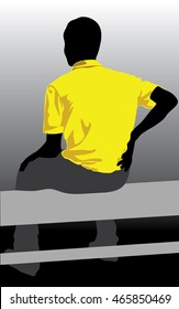 One young man backache pain silhouette gray Background