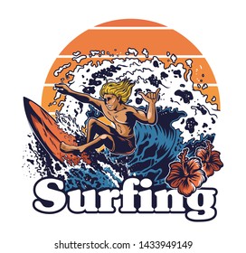 One young man crazy extreme surfer riding on big ocean wave tsunami. abstract vintage fashion trendy summer print design for t-shirt poster sticker badge patch. Hawaii island surfing style illustration.