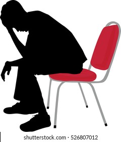 one young man tired sad despair silhouette Full length in studio isolated on white background, Vector silhouette of boy sitting on red chair with symbolizing sadness and depression