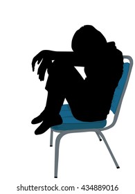 one young woman tired sad despair silhouette Full length in studio isolated on white background, Vector silhouette of girl sitting on blue chair with symbolizing sadness and depression, 