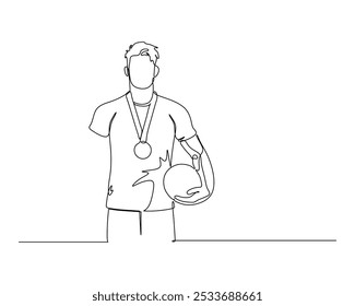 atleta de um braço segurando uma bola. Conceito de ilustração esportiva inclusiva. desenho de linha contínua.