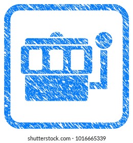 One-Armed Bandit grungy textured icon inside rounded square for overlay watermark imitations. Flat symbol with scratched texture.