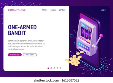 One-armed bandit isometric landing page. Online casino gambling house with slot machine, 777 number jackpot and money coins. Gaming industry business, recreation 3d vector illustration, web banner