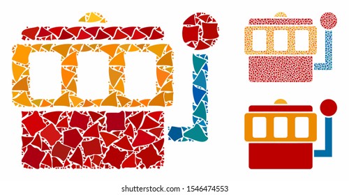 One-armed bandit mosaic of ragged parts in various sizes and color tints, based on one-armed bandit icon. Vector rough parts are grouped into collage.