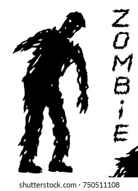 One-armed black zombie silhouette in leaky clothes. Vector illustration. Scary character design. The horror genre.