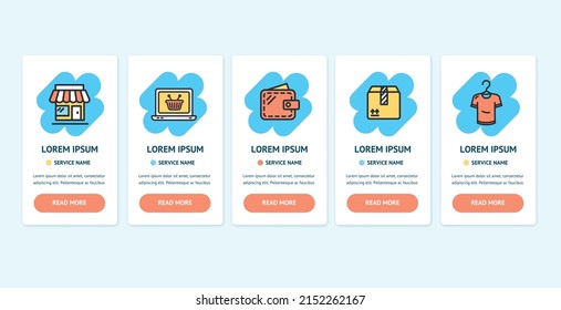 Oneboarding App Screens Cards Shopping Set with Commerce Mobile Store Signs for Web Retail Design. Vector illustration