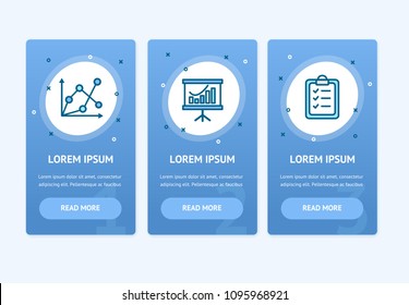 Oneboarding App Screens Set with Data Analytics Statistics Signs Outline Icons on a Blue. Vector illustration of Screen