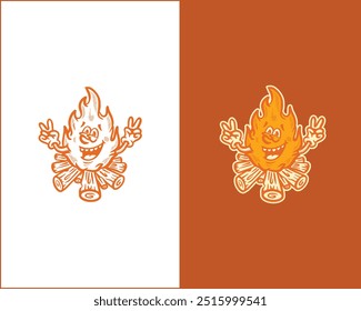 Ícone e ilustração de uma cor Bonfire Cartoon and Line Art - Aconchegante Fire Pit Design for Branding, Merchandise, T-shirts, Posters, Apps, and Outdoor-Themed Projects"