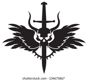 one-color emblem skull demon with wings pierced by the sword