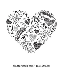 One-color heart shaped composition consisting of plant elements and hearts