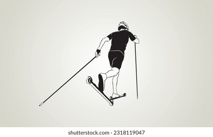One-color image of an athlete on roller skis on a light background. Vector illustration.