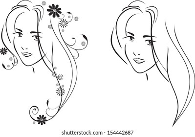 One-color monochromatic vector image with the cute young blonde with flowers 