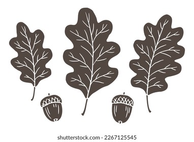 One-color oak leaf and acorn illustrations